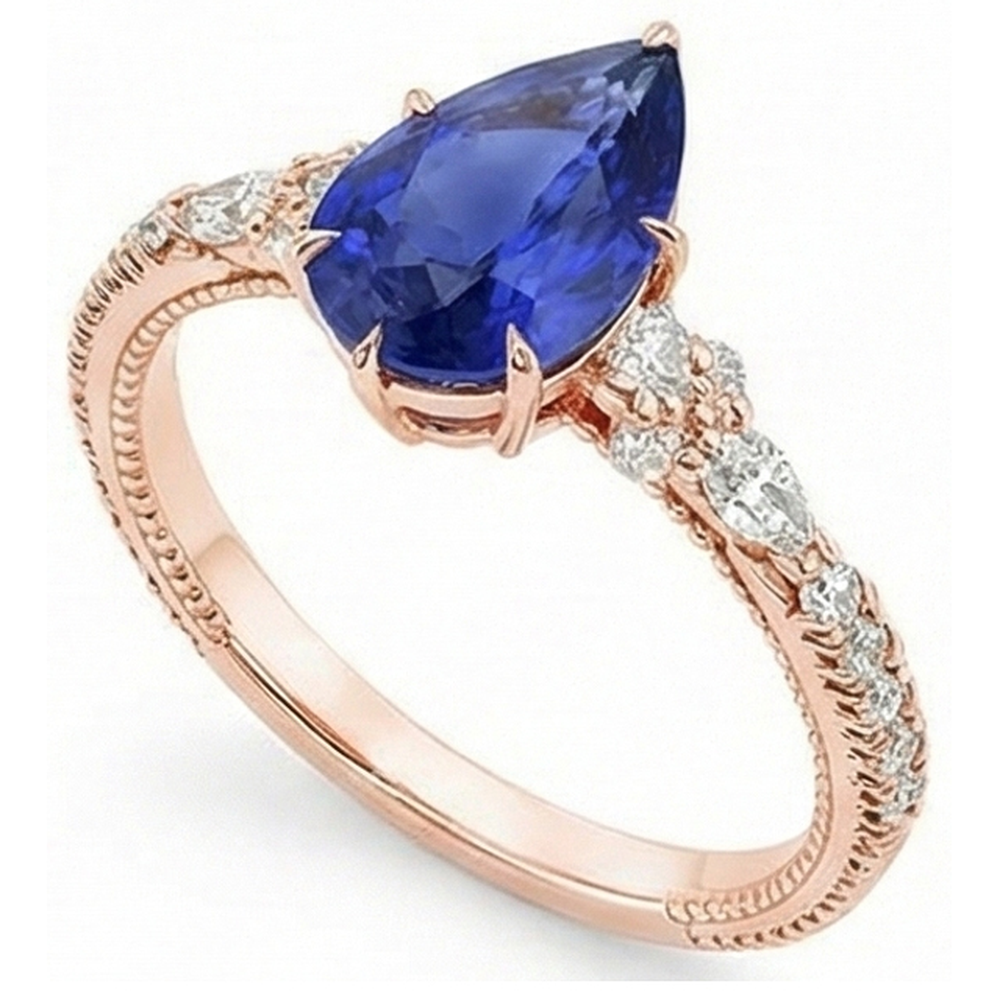 Rose Gold Natural Earth Mined Diamond Ring Pear Ceylon Sapphire Vintage Style 5.50 Carats