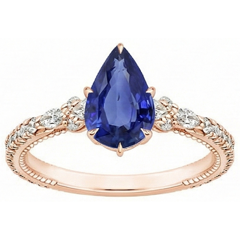 Rose Gold Natural Earth Mined Diamond Ring Pear Ceylon Sapphire Vintage Style 5.50 Carats