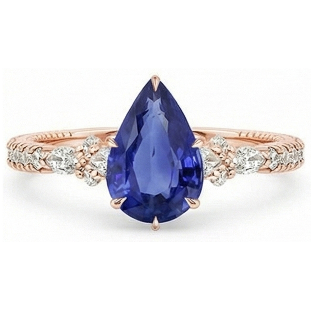 Rose Gold Natural Earth Mined Diamond Ring Pear Ceylon Sapphire Vintage Style 5.50 Carats
