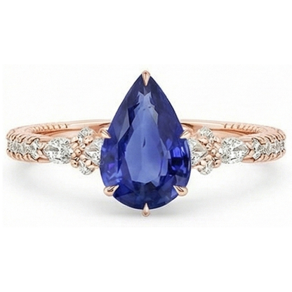 Rose Gold Natural Earth Mined Diamond Ring Pear Ceylon Sapphire Vintage Style 5.50 Carats
