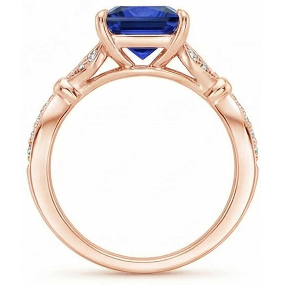 Natural Real ( Not Lab Grown )  Rose Gold Ring With Accents Princess Cut Blue Sapphire 5.50 Carats