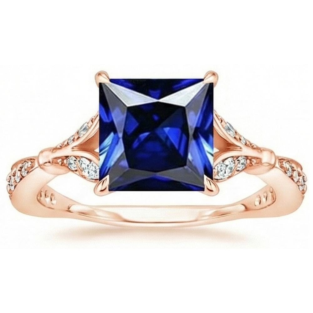 Natural Real ( Not Lab Grown )  Rose Gold Ring With Accents Princess Cut Blue Sapphire 5.50 Carats