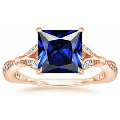 Natural Real ( Not Lab Grown )  Rose Gold Ring With Accents Princess Cut Blue Sapphire 5.50 Carats