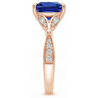 Natural Real ( Not Lab Grown )  Rose Gold Ring With Accents Princess Cut Blue Sapphire 5.50 Carats