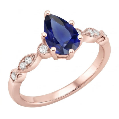 Rose Gold Sapphire Ring Vintage Style Pear & Round Natural Earth Mined Diamonds 4 Carats