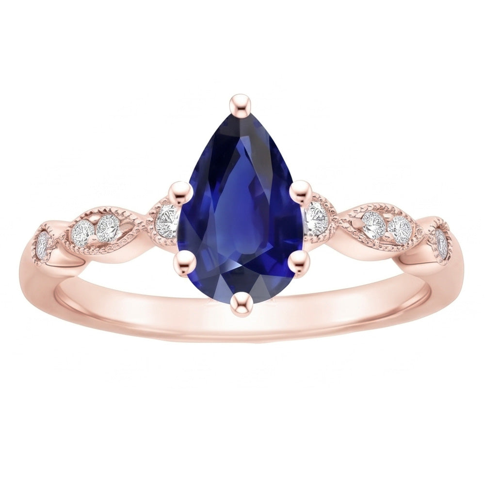 Rose Gold Sapphire Ring Vintage Style Pear & Round Natural Earth Mined Diamonds 4 Carats