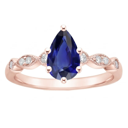 Rose Gold Sapphire Ring Vintage Style Pear & Round Natural Earth Mined Diamonds 4 Carats