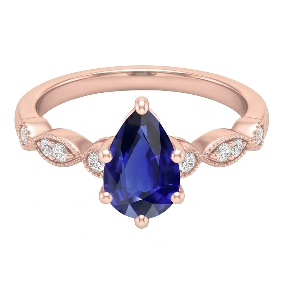 Rose Gold Sapphire Ring Vintage Style Pear & Round Natural Earth Mined Diamonds 4 Carats