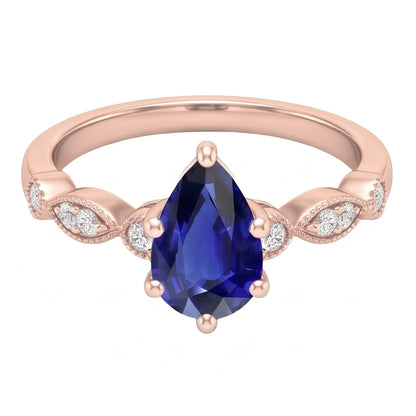 Rose Gold Sapphire Ring Vintage Style Pear & Round Natural Earth Mined Diamonds 4 Carats