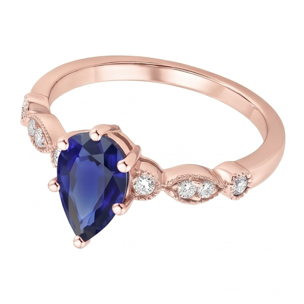 Rose Gold Sapphire Ring Vintage Style Pear & Round Natural Earth Mined Diamonds 4 Carats