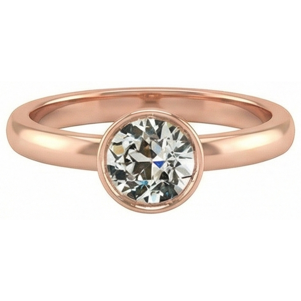 Rose Gold Solitaire Ring Round Old Cut Natural Earth Mined Diamond Bezel Set 1.50 Carats