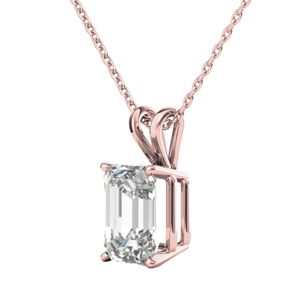 Rose Gold 14K Emerald Cut Natural Earth Mined Diamond Necklace Pendant 2 Carats