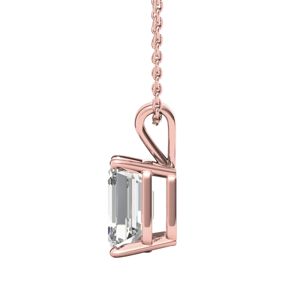 Rose Gold 14K Emerald Cut Natural Earth Mined Diamond Necklace Pendant 2 Carats