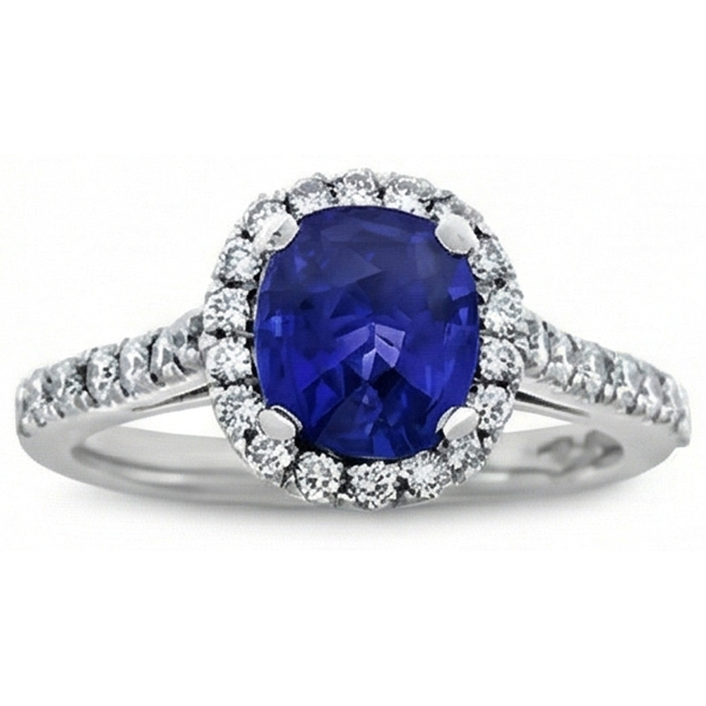 Round 2.50 Carats Blue Sapphire With Natural Earth Mined Diamond Ring White Gold 14K