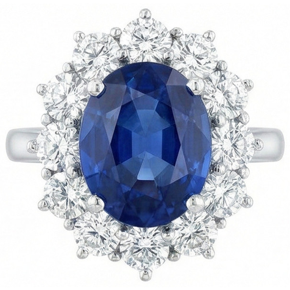 Round And Oval Ceylon Sapphire 6 Carat Natural Earth Mined Diamond Ring White Gold 14K