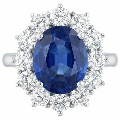 Round And Oval Ceylon Sapphire 6 Carat Natural Earth Mined Diamond Ring White Gold 14K