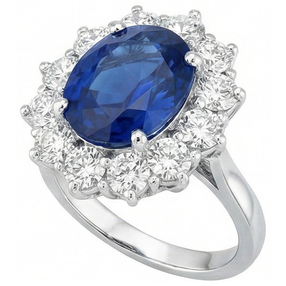 Round And Oval Ceylon Sapphire 6 Carat Natural Earth Mined Diamond Ring White Gold 14K