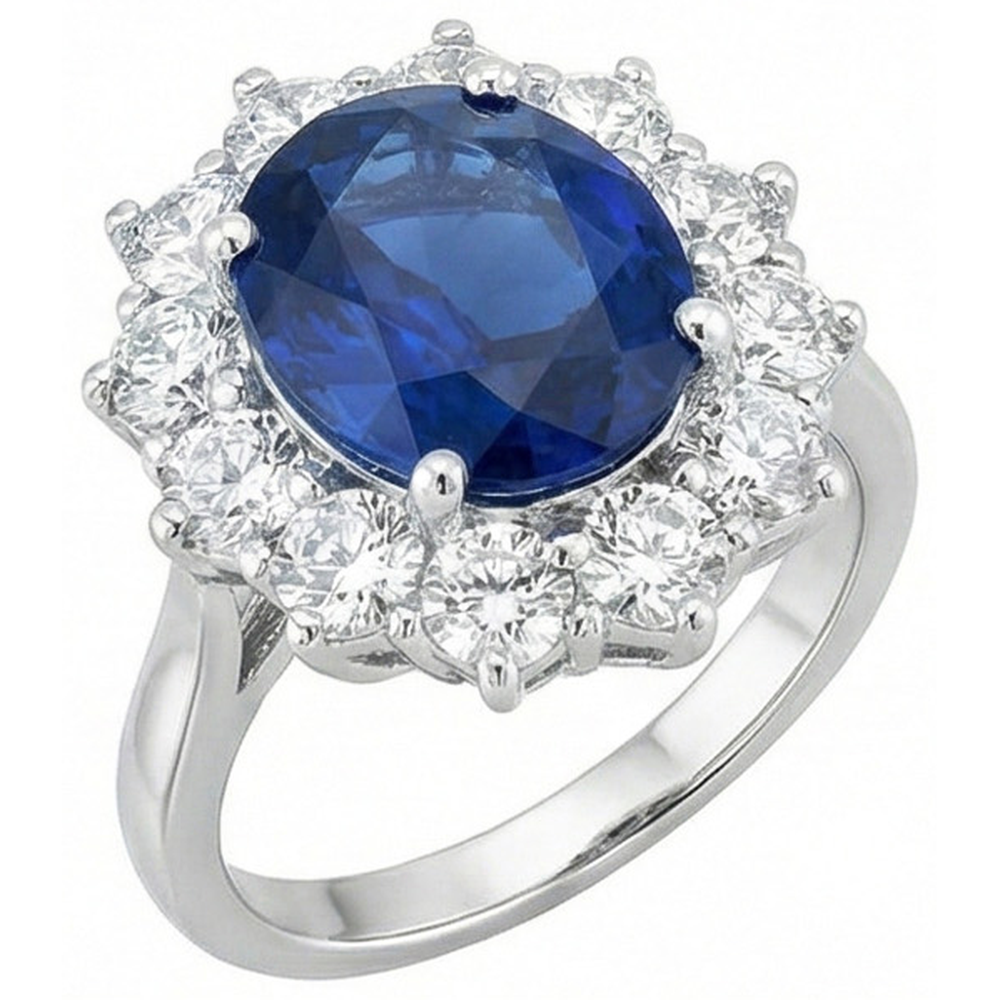 Round And Oval Ceylon Sapphire 6 Carat Natural Earth Mined Diamond Ring White Gold 14K