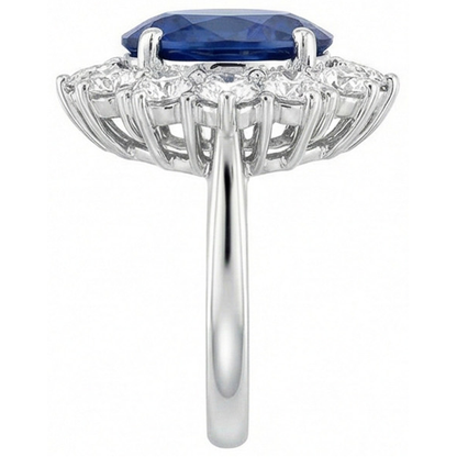 Round And Oval Ceylon Sapphire 6 Carat Natural Earth Mined Diamond Ring White Gold 14K