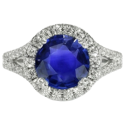 Round Blue Sapphire & Halo Natural Earth Mined Diamond Engagement Ring 10 Carats New