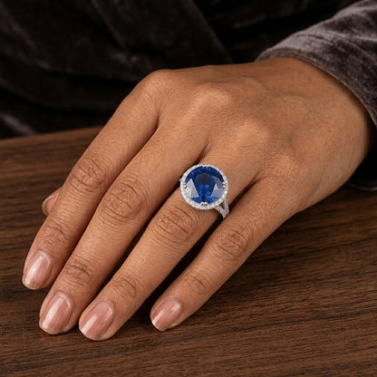 Round Blue Sapphire & Halo Natural Earth Mined Diamond Engagement Ring 10 Carats New