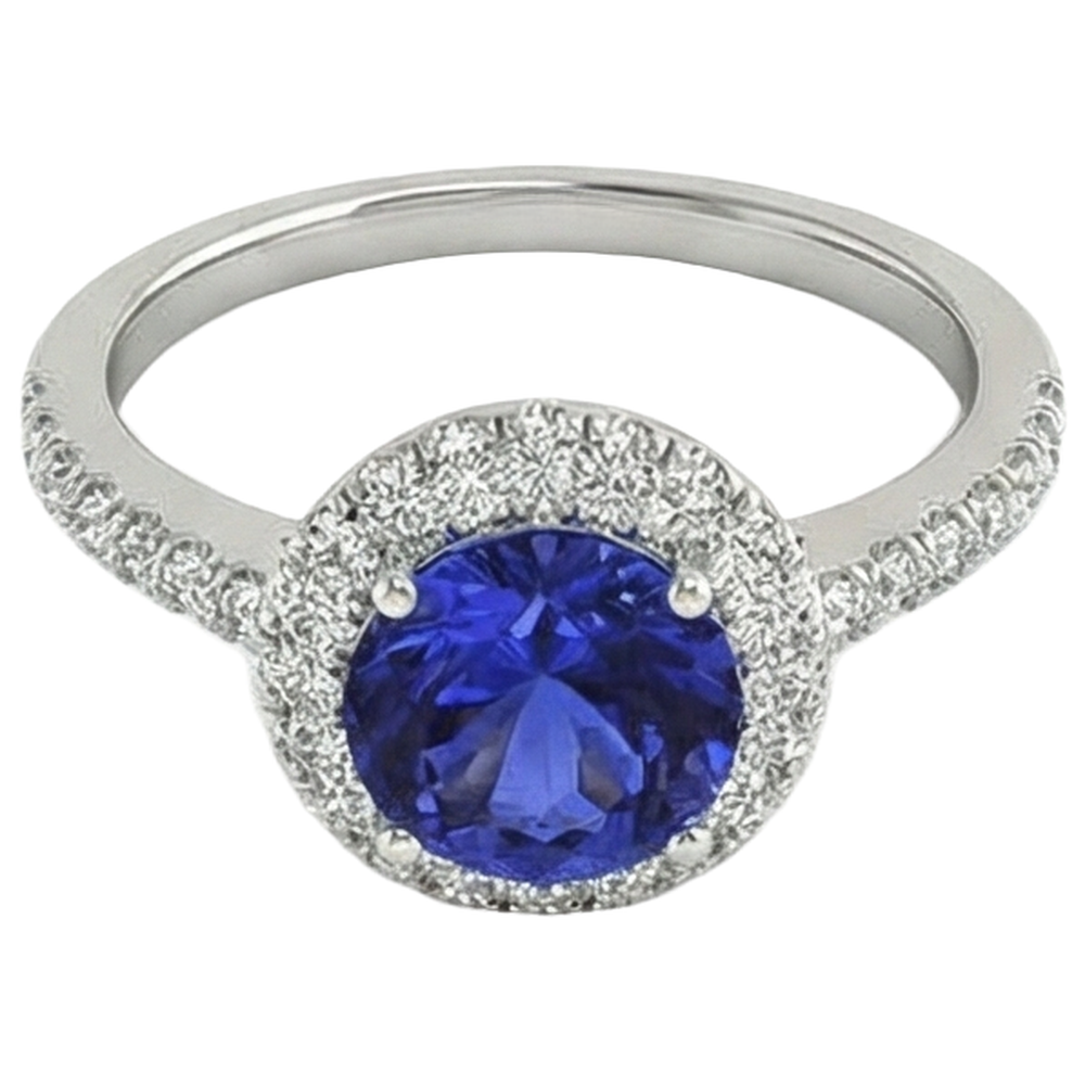 Round Brilliant Cut 6.75 Ct Tanzanite And Natural Earth Mined Diamonds Ring Gold White