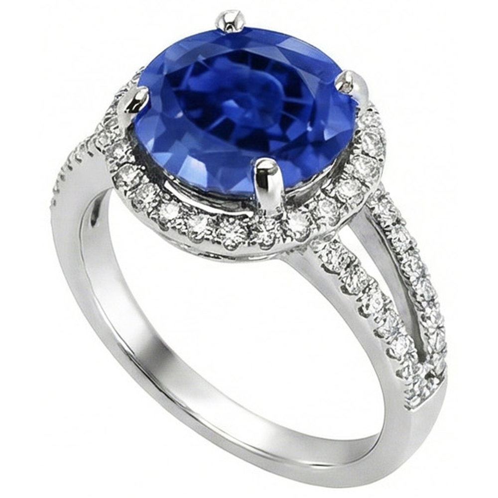 Round Brilliant Cut & Sri Lanka Sapphire 4.15 Ct. Natural Earth Mined Diamond Ring WG 14K