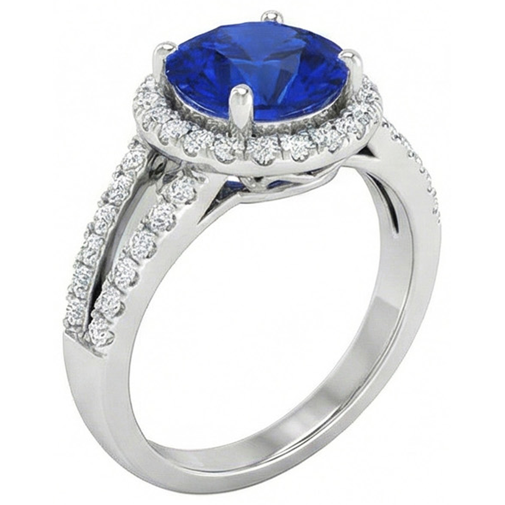 Round Brilliant Cut & Sri Lanka Sapphire 4.15 Ct. Natural Earth Mined Diamond Ring WG 14K