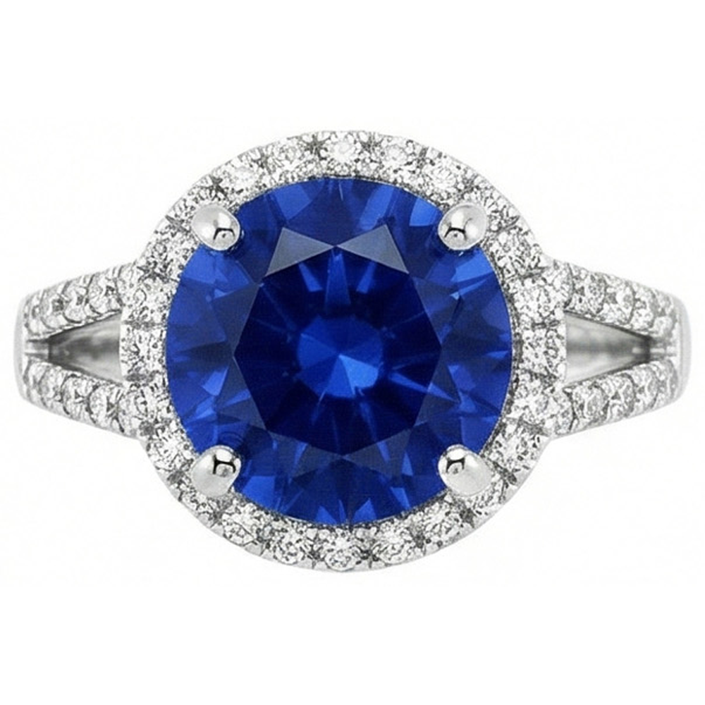 Round Brilliant Cut & Sri Lanka Sapphire 4.15 Ct. Natural Earth Mined Diamond Ring WG 14K