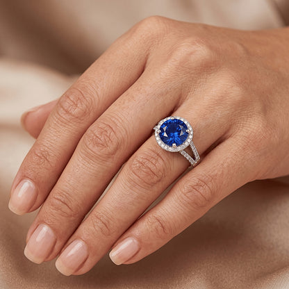 Round Brilliant Cut & Sri Lanka Sapphire 4.15 Ct. Natural Earth Mined Diamond Ring WG 14K
