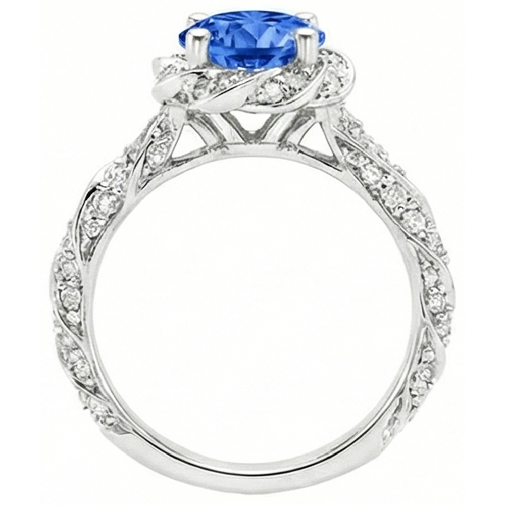 Round Ceylon Sapphire Gem Stone Natural Earth Mined Diamond Ring White Gold 14K 2.15 Ct.