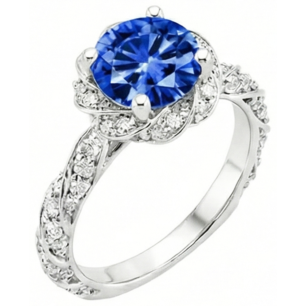 Round Ceylon Sapphire Gem Stone Natural Earth Mined Diamond Ring White Gold 14K 2.15 Ct.