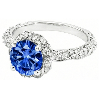 Round Ceylon Sapphire Gem Stone Natural Earth Mined Diamond Ring White Gold 14K 2.15 Ct.