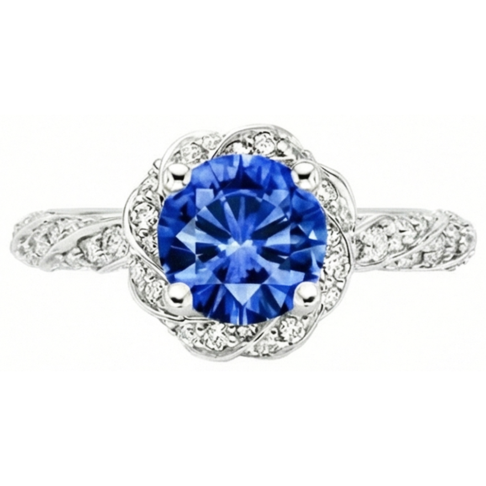 Round Ceylon Sapphire Gem Stone Natural Earth Mined Diamond Ring White Gold 14K 2.15 Ct.
