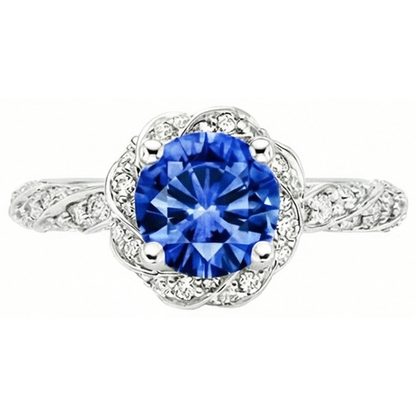 Round Ceylon Sapphire Gem Stone Natural Earth Mined Diamond Ring White Gold 14K 2.15 Ct.