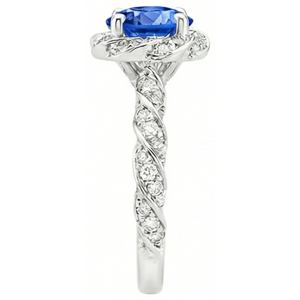 Round Ceylon Sapphire Gem Stone Natural Earth Mined Diamond Ring White Gold 14K 2.15 Ct.