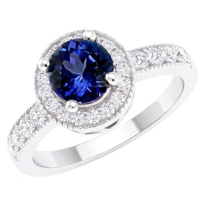 Round Ceylon Sapphire Halo Natural Earth Mined Diamond Ring White Gold Jewelry 1.5 Ct.
