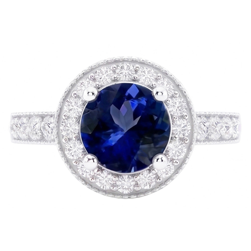 Round Ceylon Sapphire Halo Natural Earth Mined Diamond Ring White Gold Jewelry 1.5 Ct.