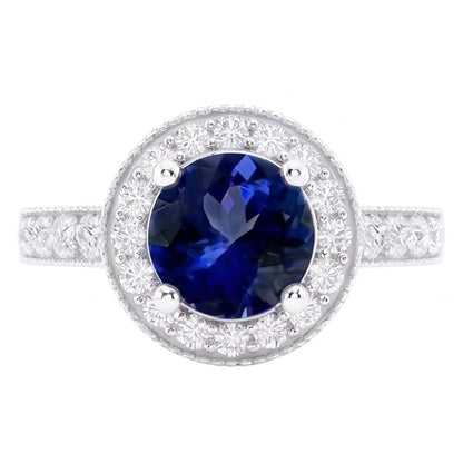 Round Ceylon Sapphire Halo Natural Earth Mined Diamond Ring White Gold Jewelry 1.5 Ct.
