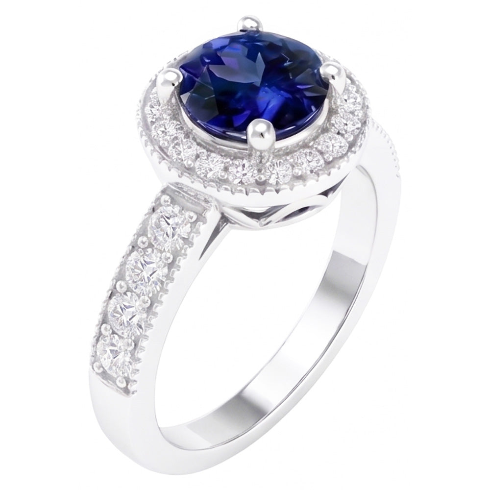 Round Ceylon Sapphire Halo Natural Earth Mined Diamond Ring White Gold Jewelry 1.5 Ct.