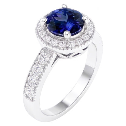 Round Ceylon Sapphire Halo Natural Earth Mined Diamond Ring White Gold Jewelry 1.5 Ct.