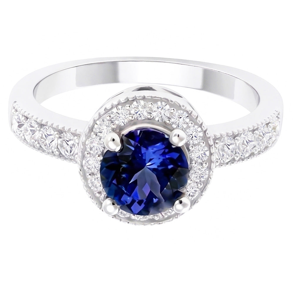 Round Ceylon Sapphire Halo Natural Earth Mined Diamond Ring White Gold Jewelry 1.5 Ct.