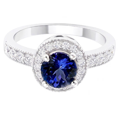 Round Ceylon Sapphire Halo Natural Earth Mined Diamond Ring White Gold Jewelry 1.5 Ct.