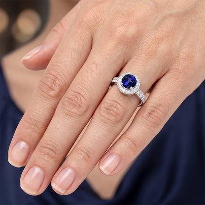 Round Ceylon Sapphire Halo Natural Earth Mined Diamond Ring White Gold Jewelry 1.5 Ct.