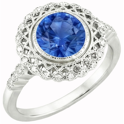 Round Ceylon Sapphire Natural Earth Mined Diamond Ring Bezel Set 3.80 Carat White Gold 14K