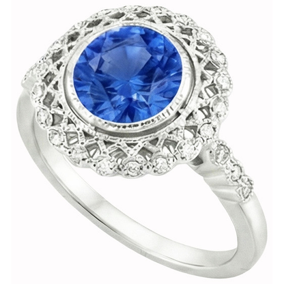 Round Ceylon Sapphire Natural Earth Mined Diamond Ring Bezel Set 3.80 Carat White Gold 14K