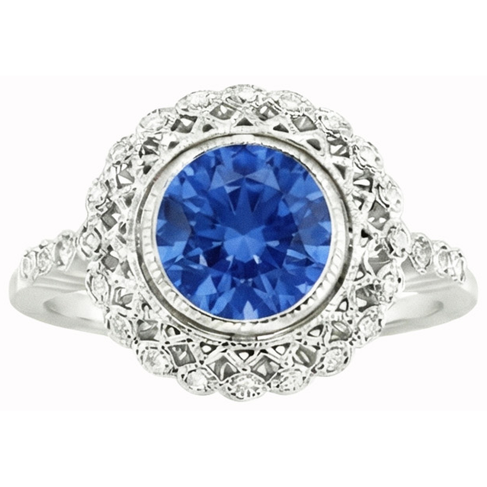 Round Ceylon Sapphire Natural Earth Mined Diamond Ring Bezel Set 3.80 Carat White Gold 14K