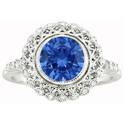 Round Ceylon Sapphire Natural Earth Mined Diamond Ring Bezel Set 3.80 Carat White Gold 14K