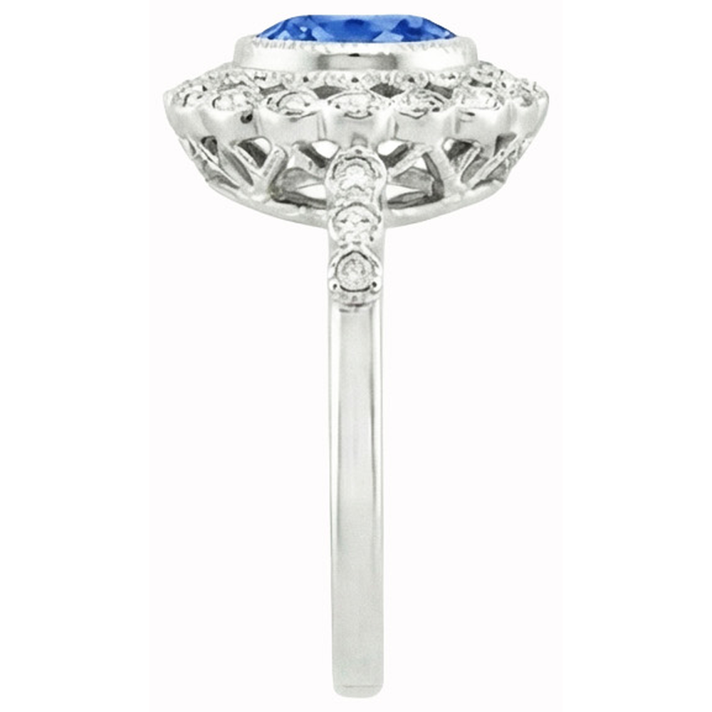 Round Ceylon Sapphire Natural Earth Mined Diamond Ring Bezel Set 3.80 Carat White Gold 14K