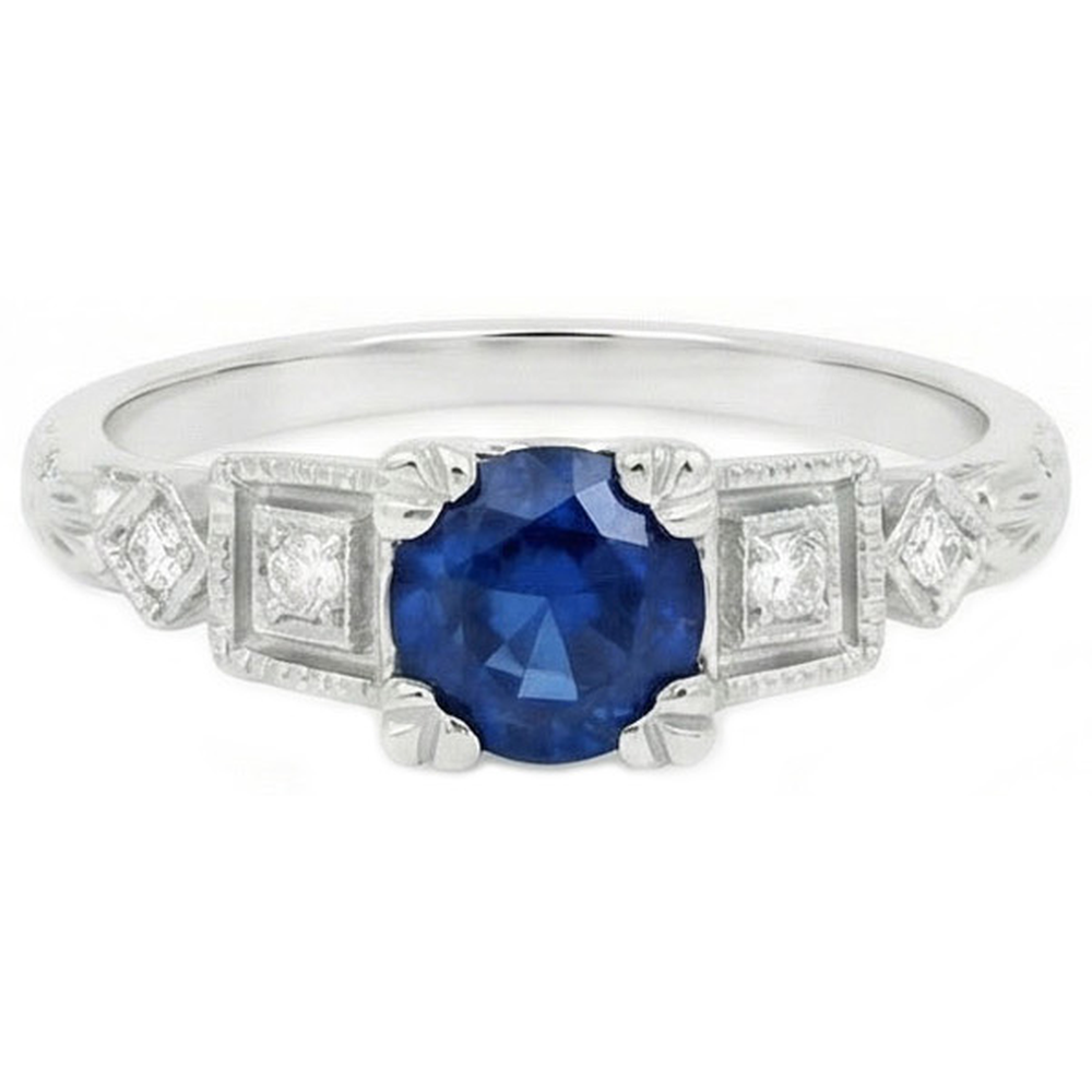 Round Cut 1.65 Ct Sri Lankan Sapphire And Natural Earth Mined Diamonds Ring White Gold 14K